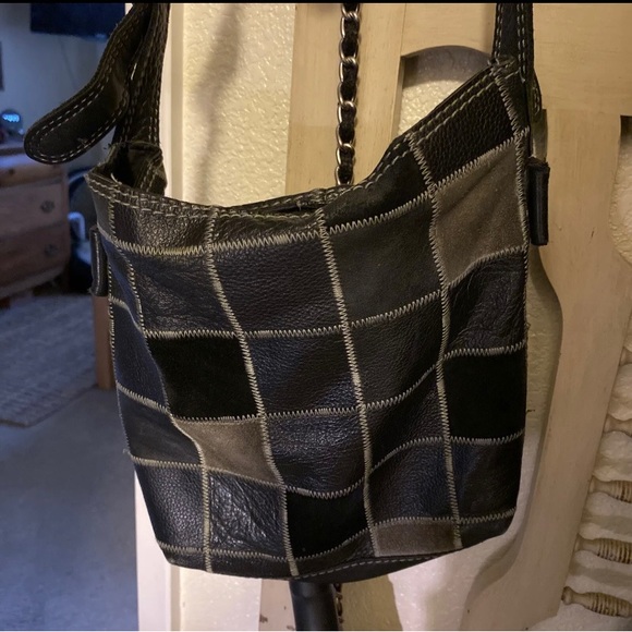 LUCKY BRAND Gray Black Patchwork
Suede Leather -Bucket Crossbody - Picture 1 of 12
